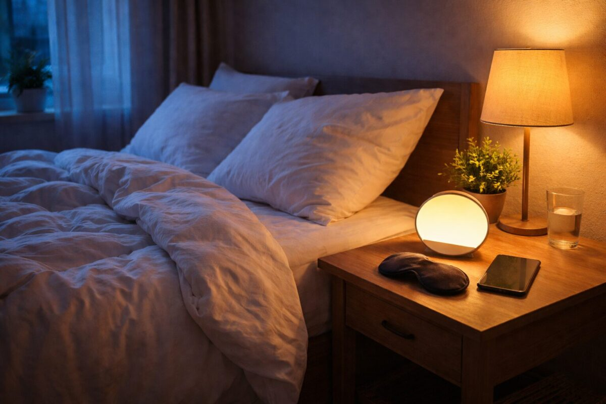 Peaceful bedroom with white bedding, warm sunrise alarm clock on nightstand, and soft twilight lighting