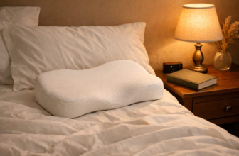 White bedroom with contoured pillow on bed and warm bedside lamp