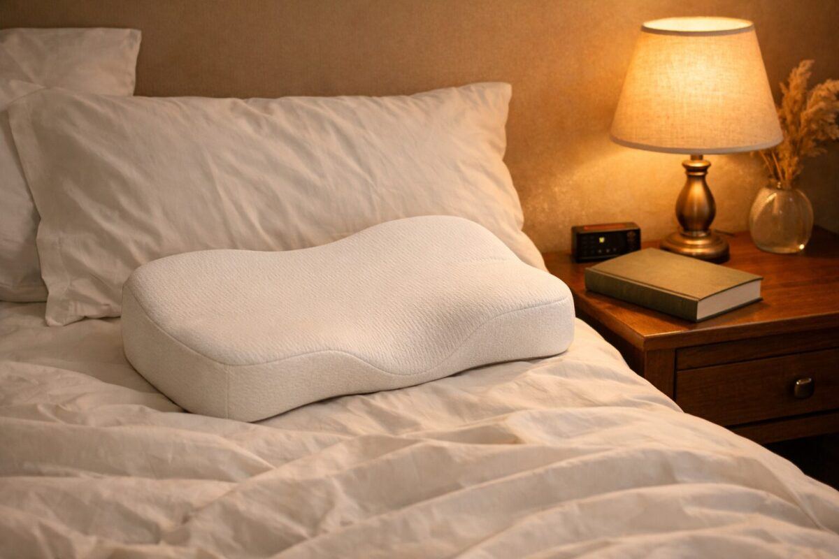 White bedroom with contoured pillow on bed and warm bedside lamp