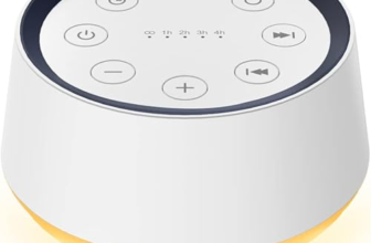 Brown noise sound machine with colored night light glowing blue