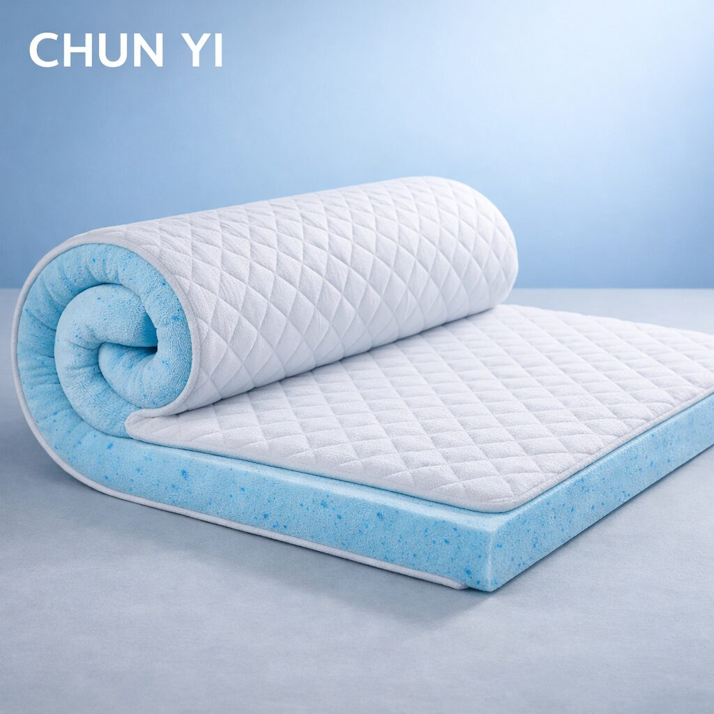 CHUN YI memory foam mattress topper partially rolled showing blue gel foam layer