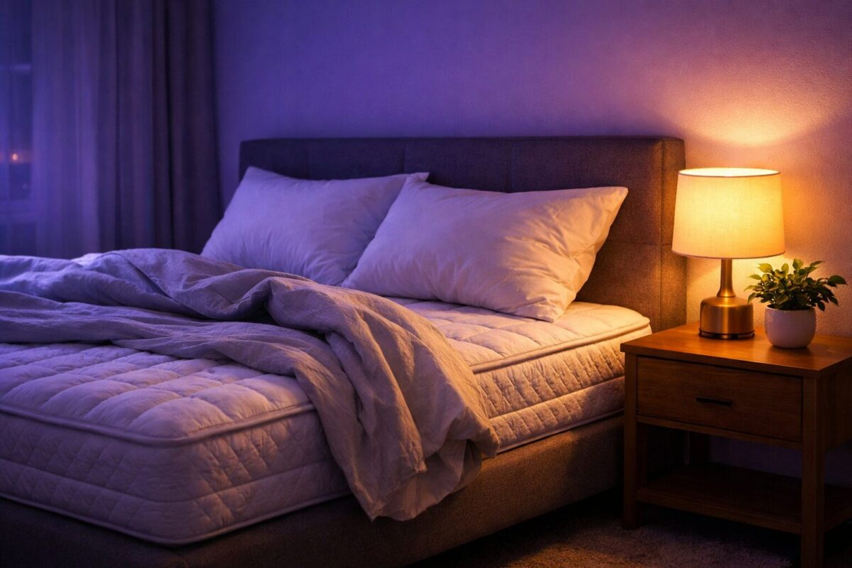 Cozy bedroom at night with luxurious white mattress, warm bedside lamp, and soft purple ambient lighting