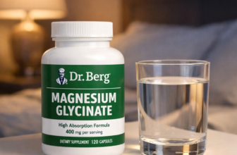 Dr. Berg Magnesium Glycinate bottle on bedside table next to glass of water