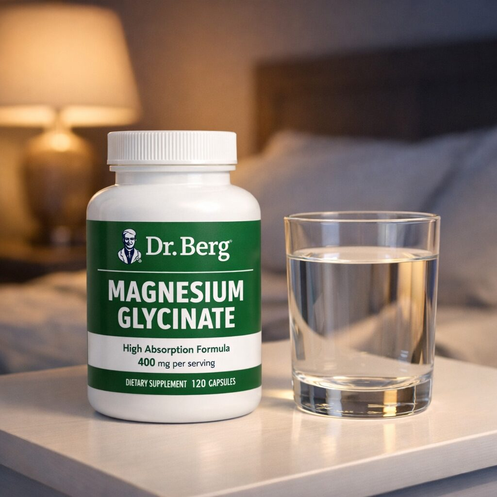 Dr. Berg Magnesium Glycinate bottle on bedside table next to glass of water