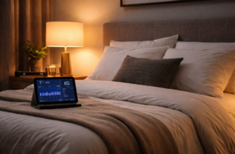 Modern bedroom with bed and bedside tablet displaying sleep data charts