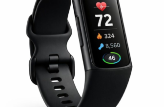 Fitbit Charge 6 fitness tracker in obsidian black showing heart rate and step count on display