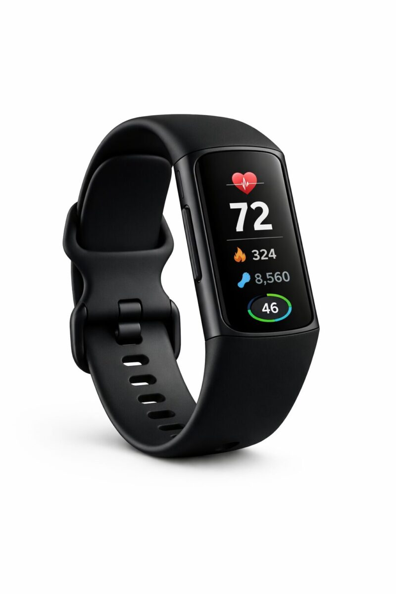 Fitbit Charge 6 fitness tracker in obsidian black showing heart rate and step count on display