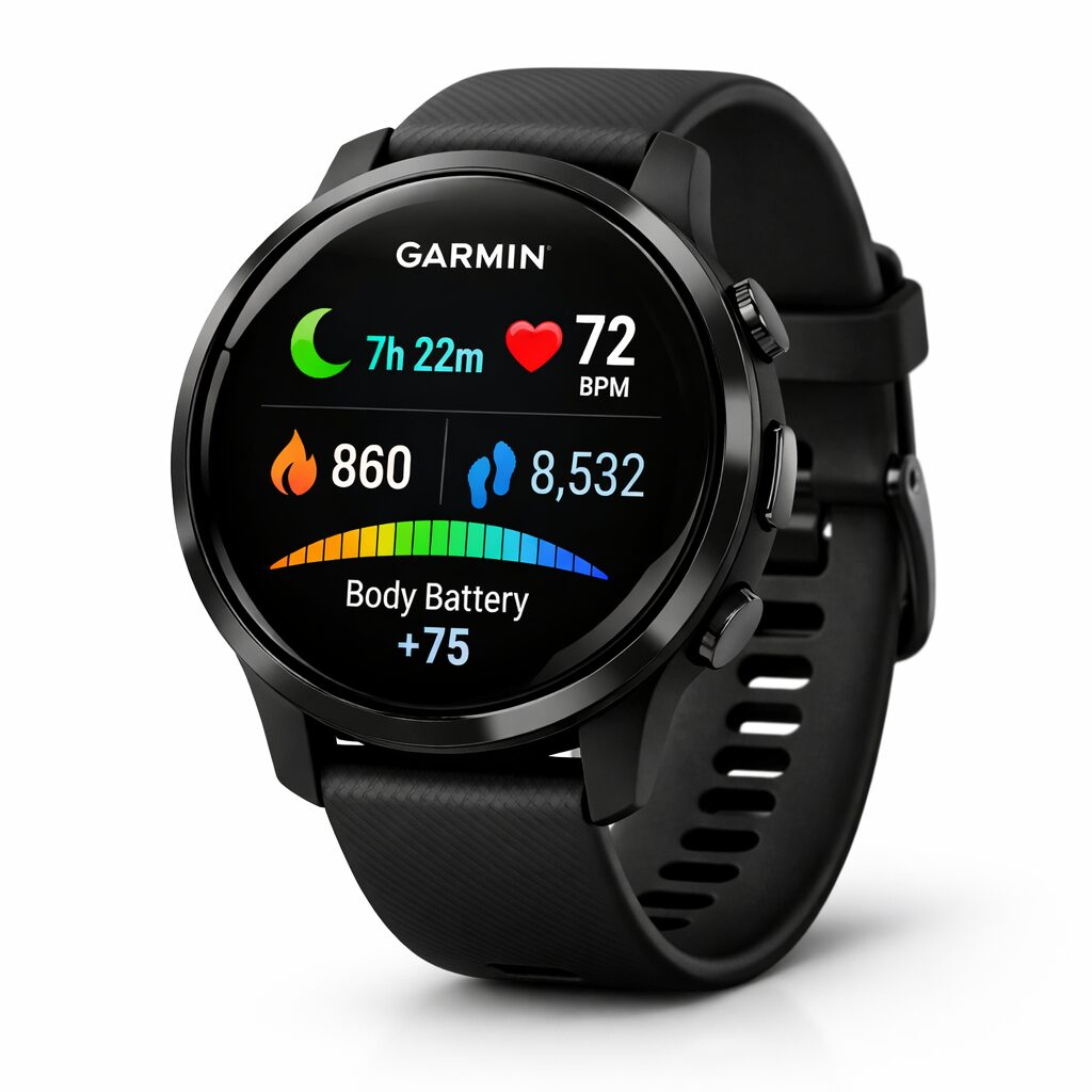 Garmin Venu 3 smartwatch in black with AMOLED display showing health metrics
