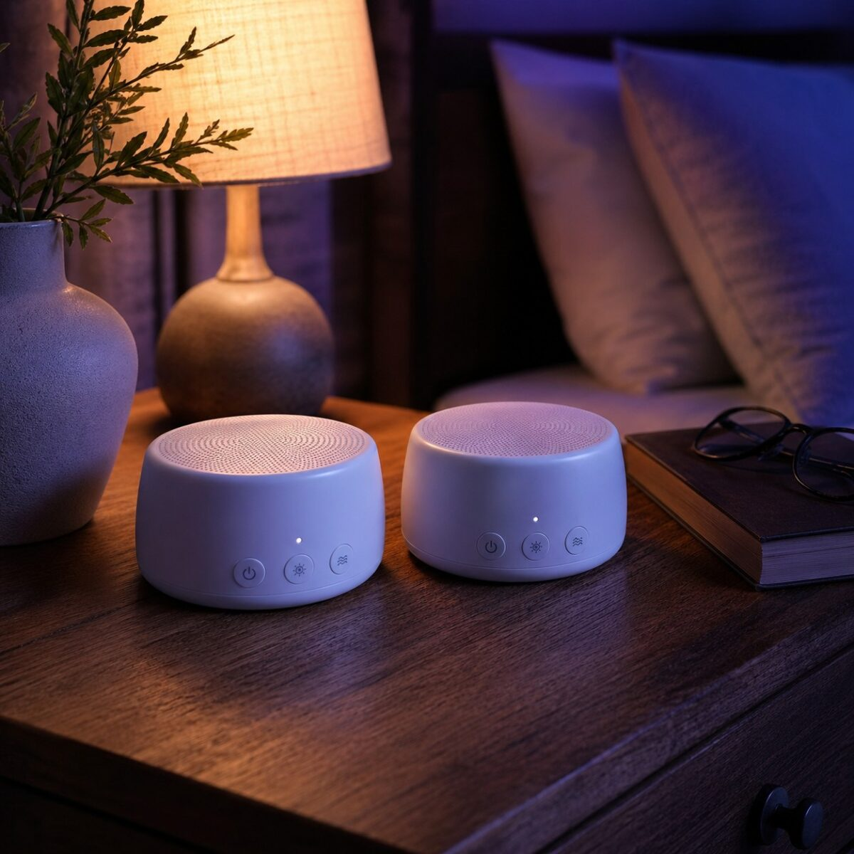 Two small white noise sound machines on a wooden bedside nightstand with a warm reading lamp and book