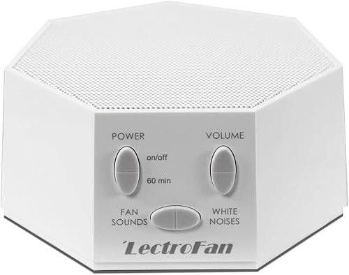 LectroFan white noise machine in white on nightstand