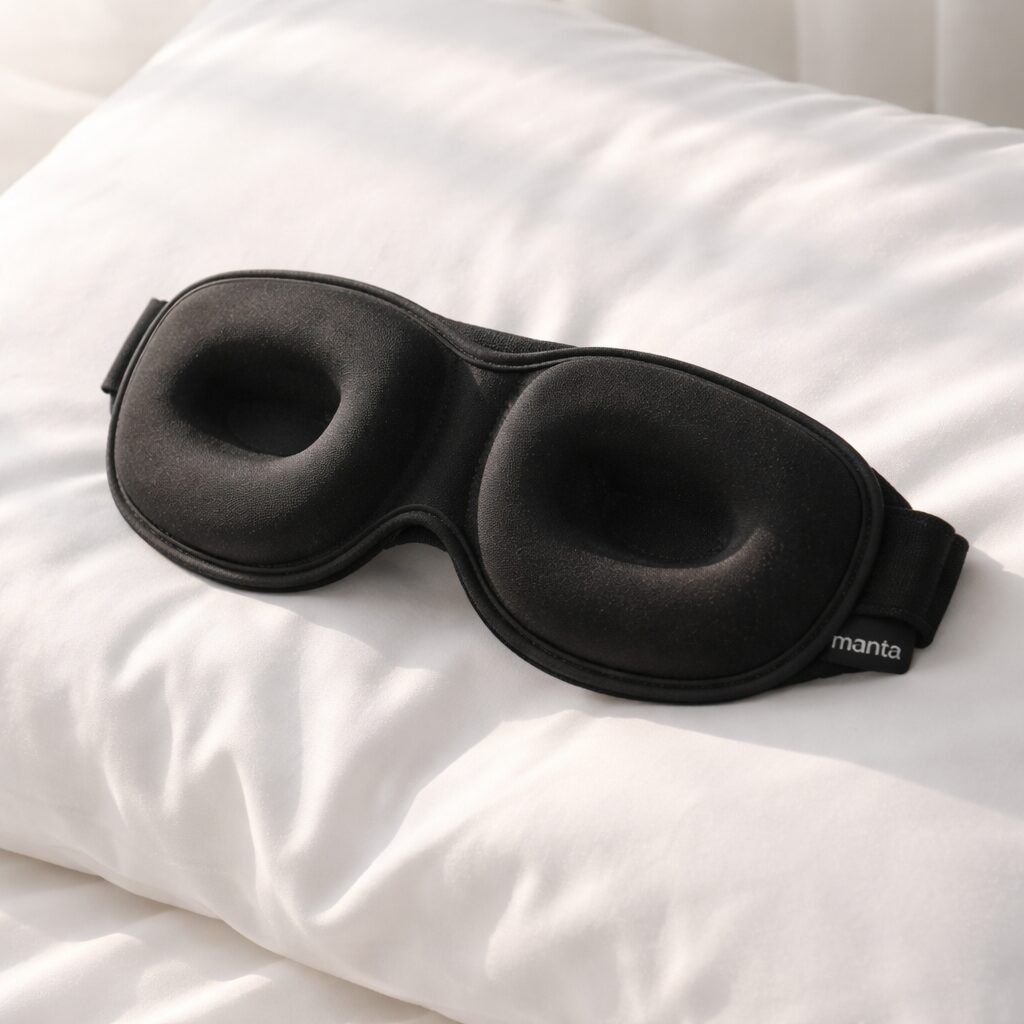 Manta Sleep Mask Pro premium blackout sleep mask with deep contoured eye cups on a white pillow