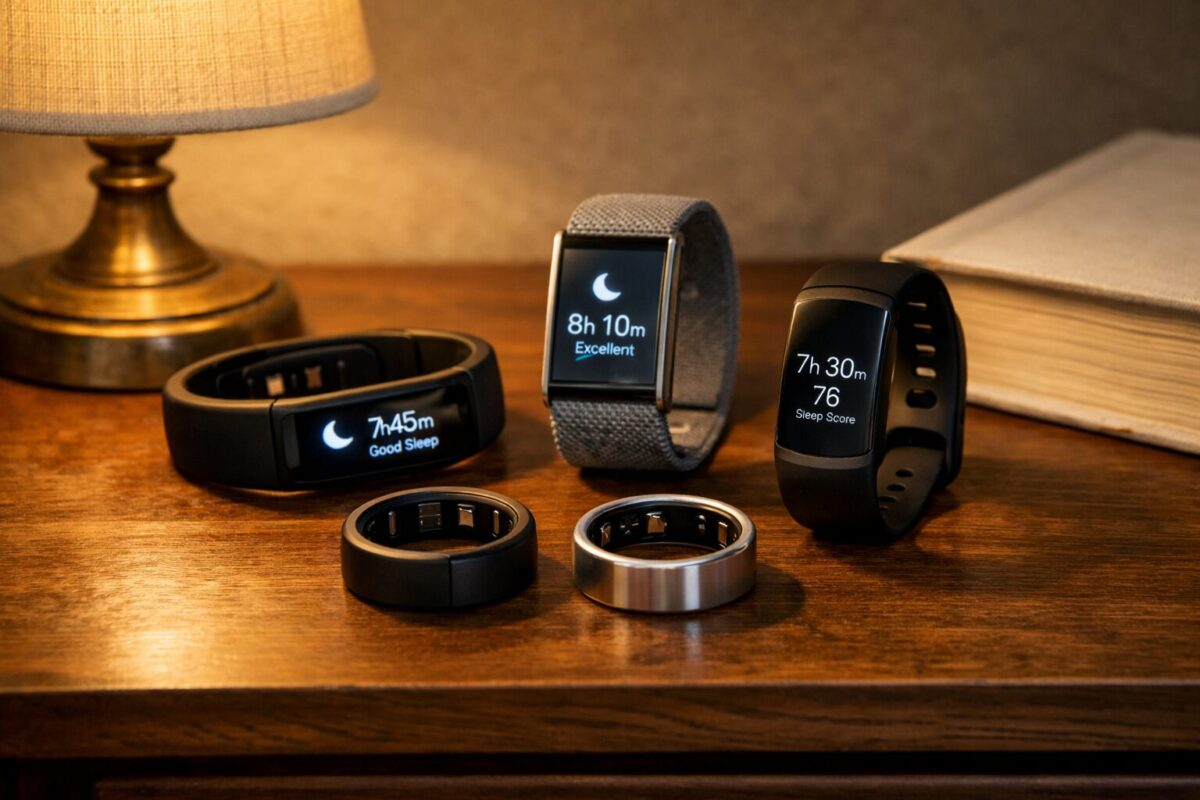 Five sleep tracking wearables arranged on a wooden nightstand with a lamp and book