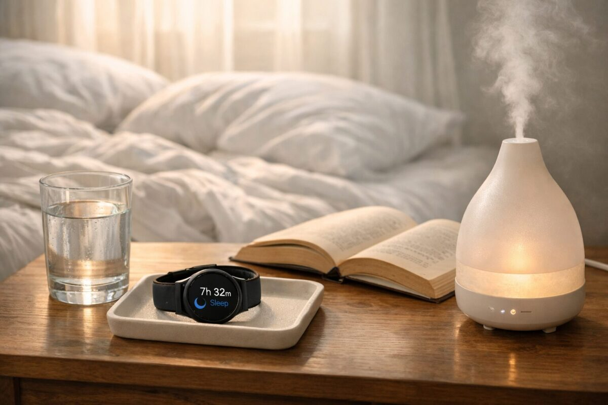 Serene nightstand with sleep tracker watch, glass of water, book, and diffuser with soft morning light