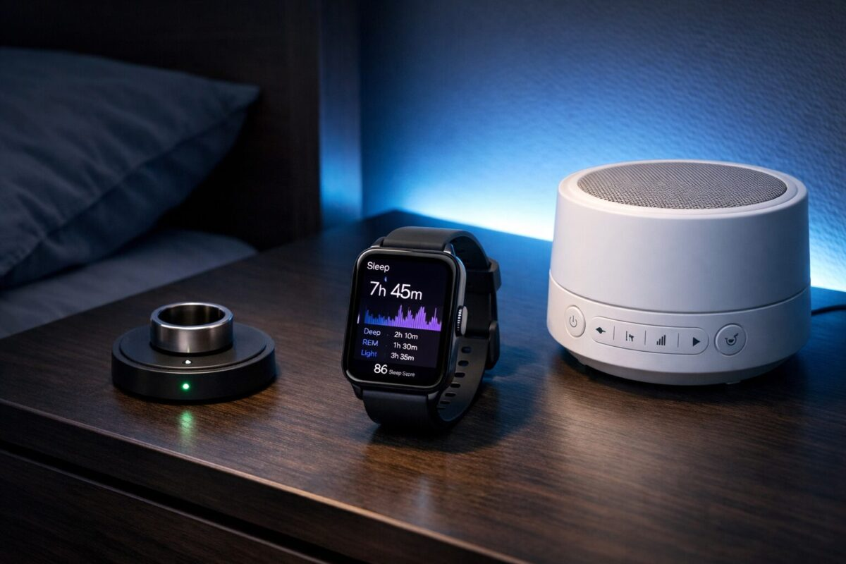 Modern nightstand with smart ring, smartwatch showing sleep data, and white noise machine with blue LED accent lighting