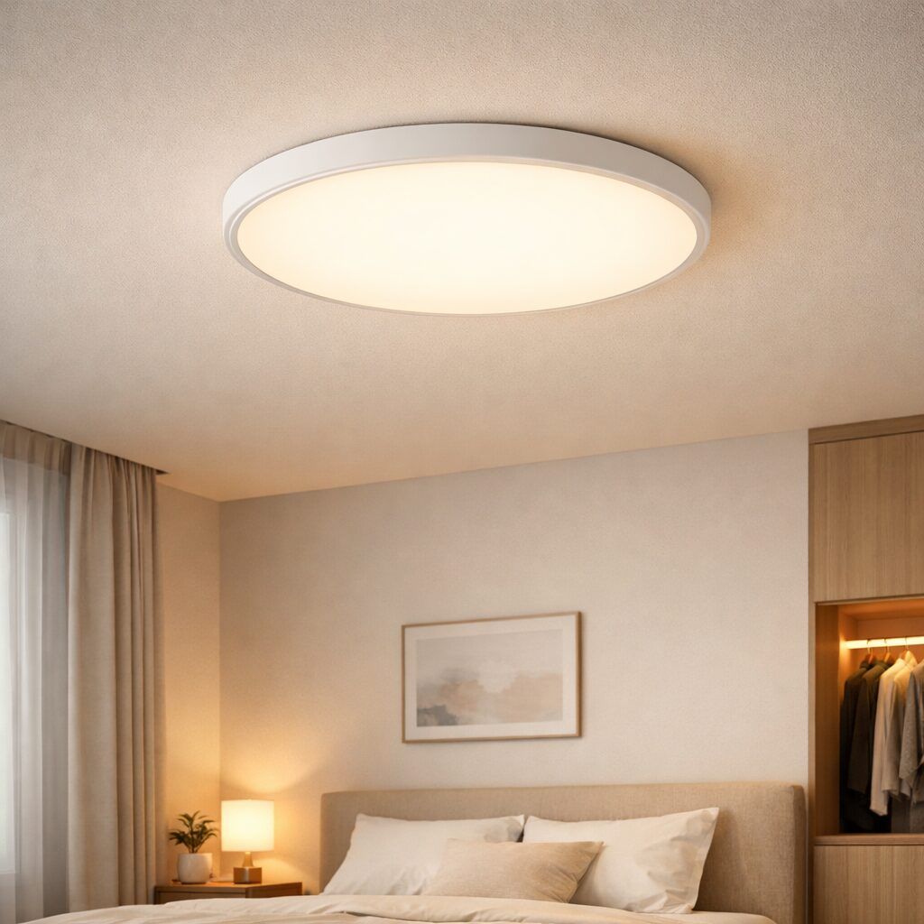 SwitchBot Ceiling Light Pro flush mount LED light with warm ambient glow in a modern bedroom