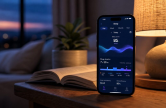 Smartphone showing sleep tracking app on wooden nightstand at dusk with warm lamp glow