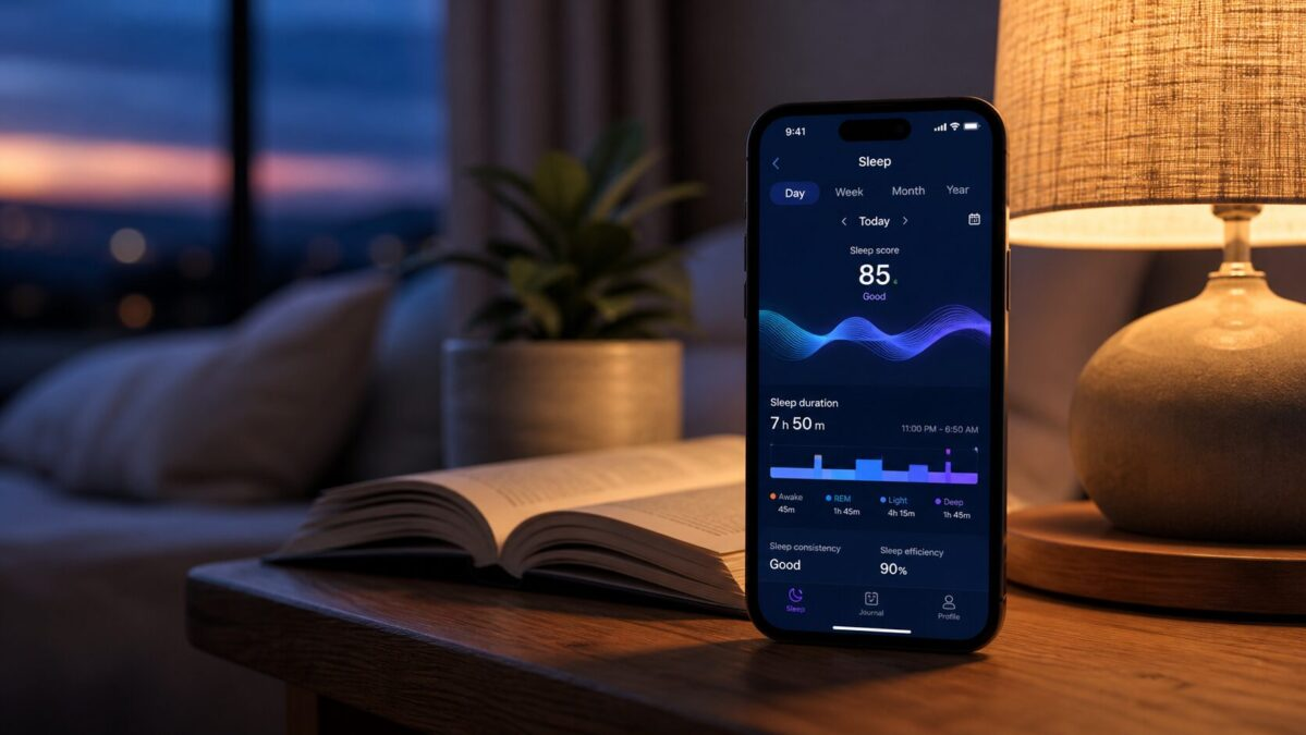 Smartphone showing sleep tracking app on wooden nightstand at dusk with warm lamp glow
