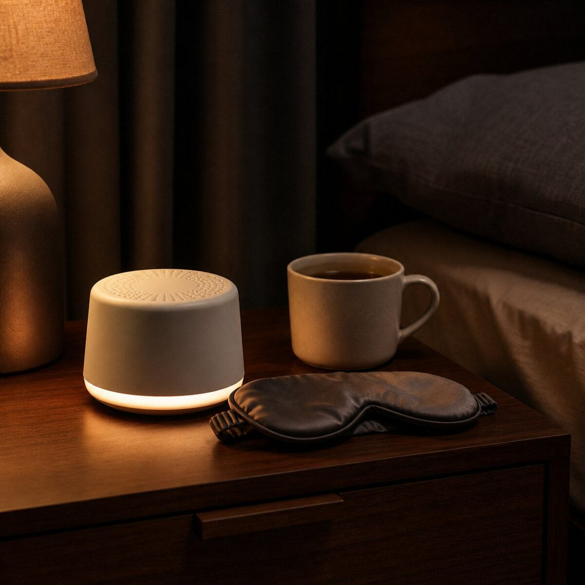 Cozy nightstand with white noise machine sleep mask and tea in a dark bedroom with blackout curtains