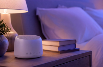White noise machine on wooden nightstand next to books and reading lamp in cozy bedroom