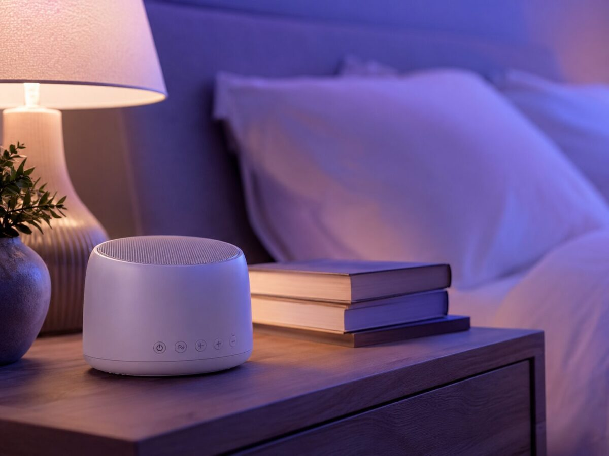 White noise machine on wooden nightstand next to books and reading lamp in cozy bedroom