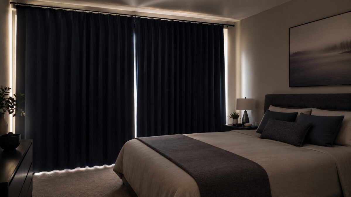Dark navy blackout curtains drawn closed in a modern bedroom blocking morning light