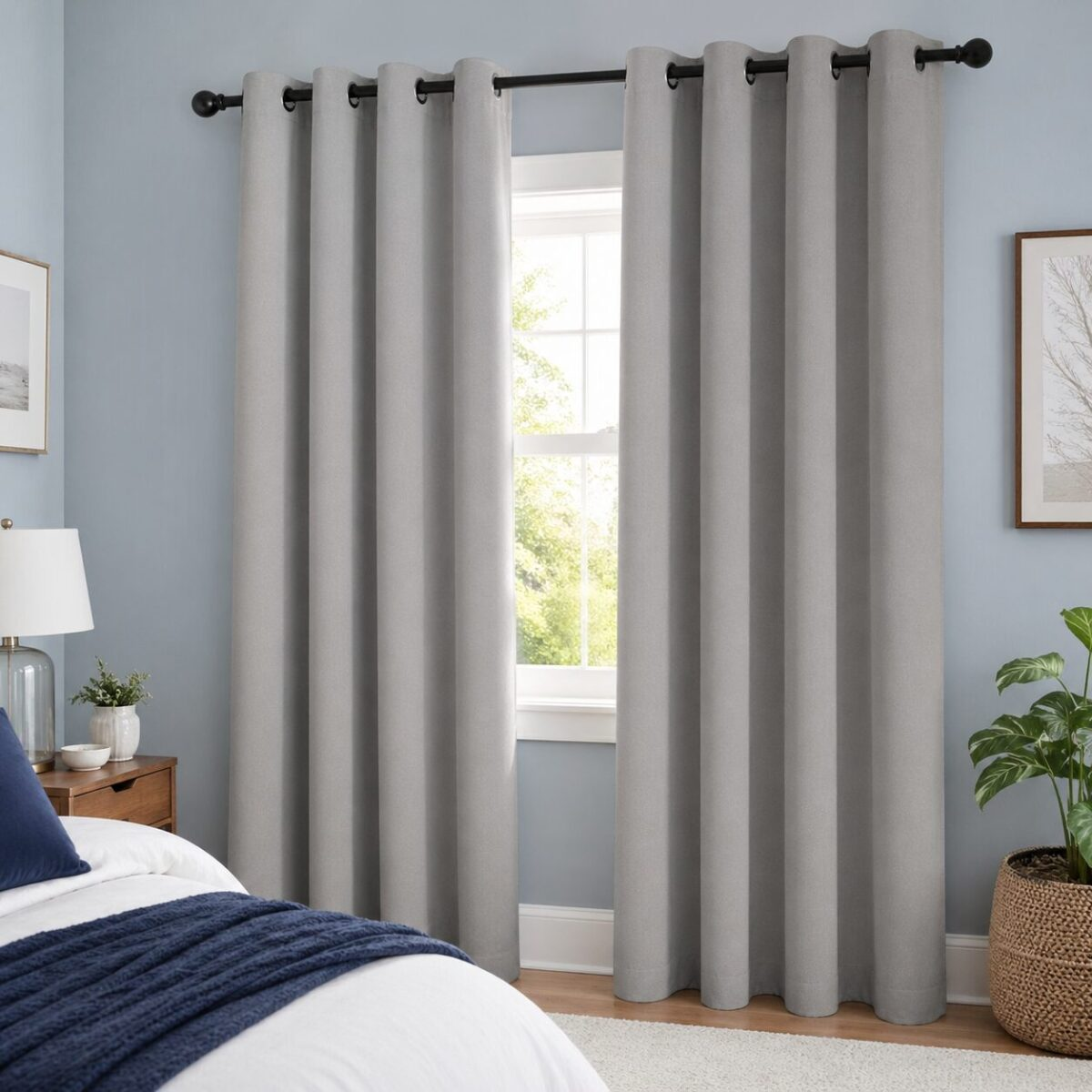 ChrisDowa 100% blackout curtains in light grey hanging on a black metal rod in a calming bedroom