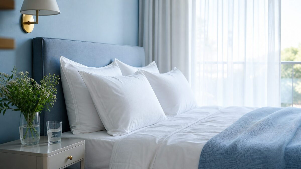 Crisp white pillows arranged on freshly made bed with sheer curtains and morning light