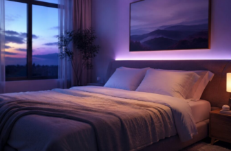 Cozy bedroom at twilight with soft purple lighting and two pillows on a neatly made bed