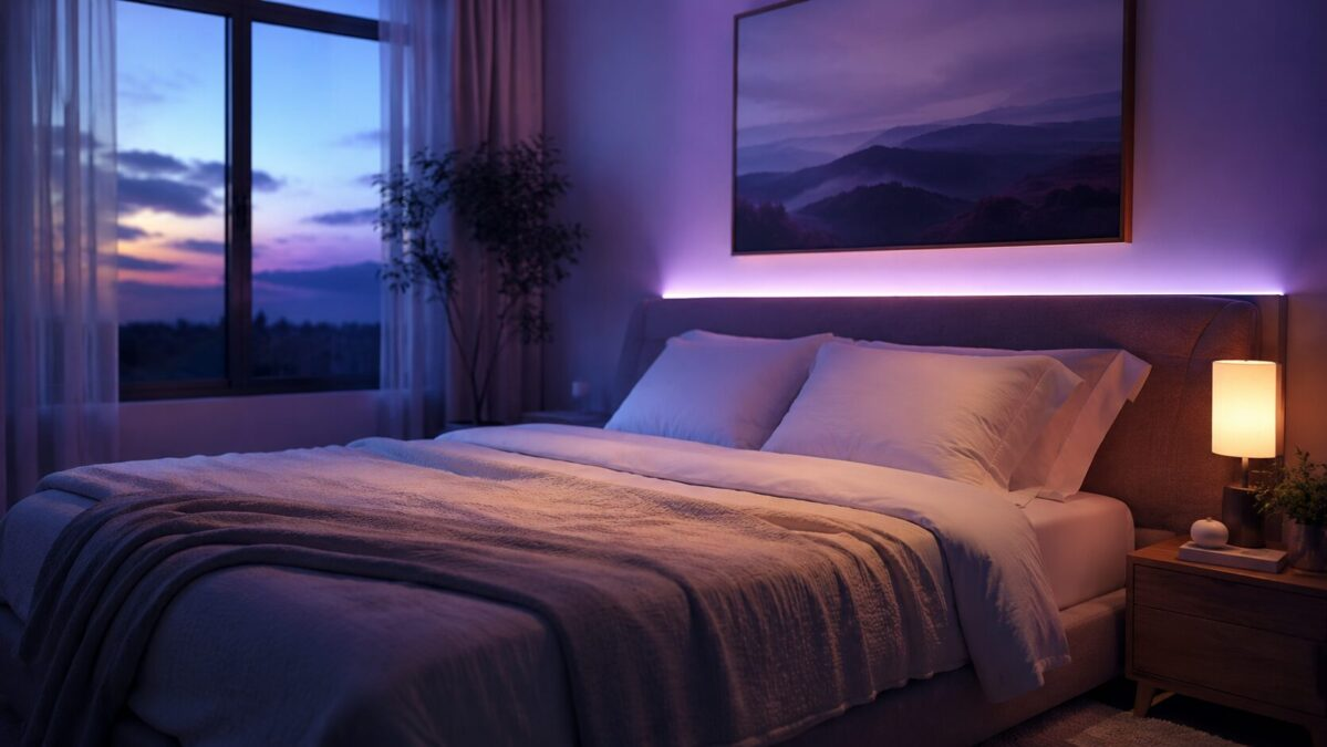 Cozy bedroom at twilight with soft purple lighting and two pillows on a neatly made bed