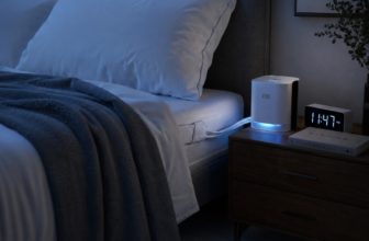 Modern bed at night with a smart bed climate control unit and slim mattress pad in cool blue ambient lighting