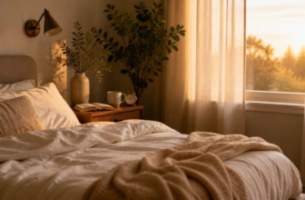 Cozy bedroom at dawn with morning light, white sheets, and a nightstand holding a mug, book, and small alarm clock