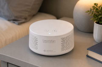 LectroFan Classic high fidelity white noise machine on bedside table