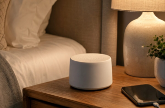 LectroFan EVO white noise machine on a nightstand with reading lamp and phone charger in cozy bedroom