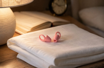 Loop Quiet 2 sleep ear plugs on white pillow next to warm bedside lamp