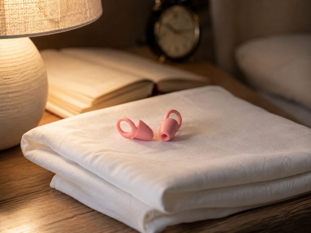 Loop Quiet 2 sleep ear plugs on white pillow next to warm bedside lamp