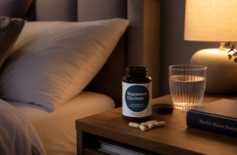 Magnesium glycinate bottle on wooden nightstand with glass of water and warm bedside lamp