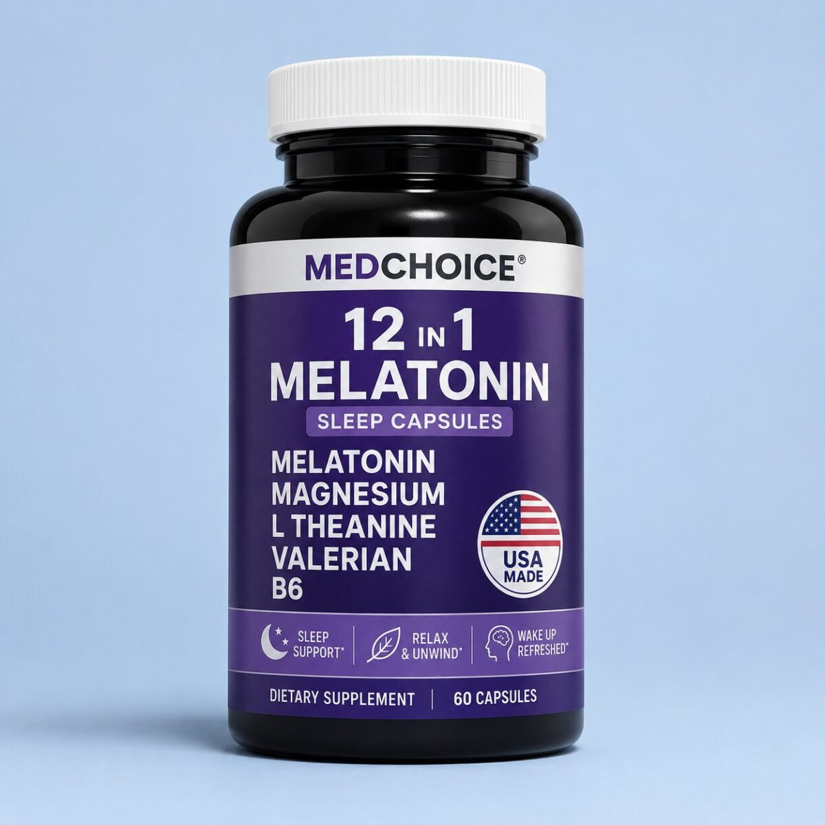 MedChoice 12-in-1 Melatonin Sleep Capsules supplement bottle with purple and white label