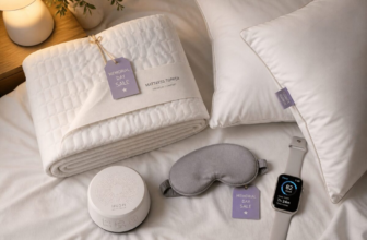 Mattress topper, white noise machine, sleep mask and pillows on white bedding with Memorial Day sale tags