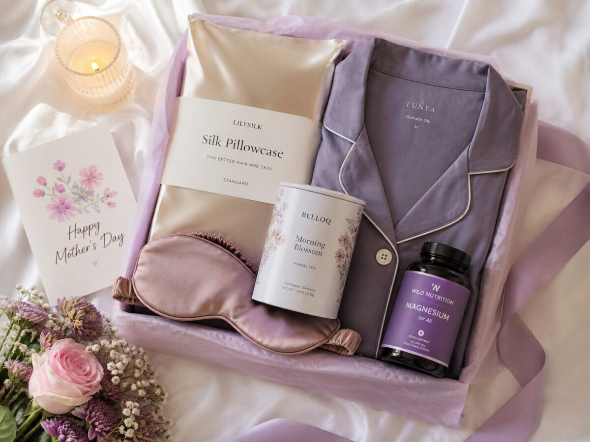 Mother's Day sleep gift display with silk pillowcase, pajamas, herbal tea, sleep mask and magnesium on white bedding