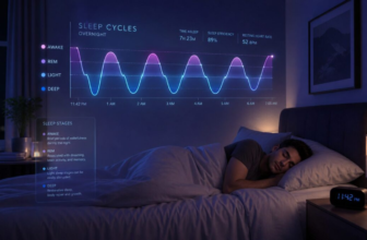 Soft purple-blue bedroom scene with sleep cycle waveform overlay above a person sleeping peacefully