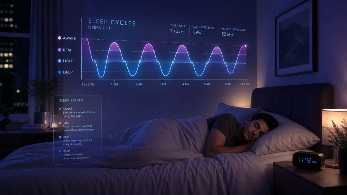 Soft purple-blue bedroom scene with sleep cycle waveform overlay above a person sleeping peacefully