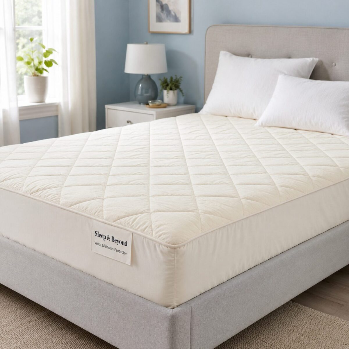 Sleep and Beyond quilted wool mattress protector fitted on a queen bed