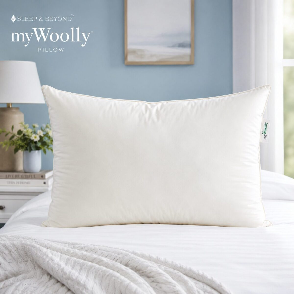 Sleep and Beyond myWoolly Pillow on calming blue bedroom background