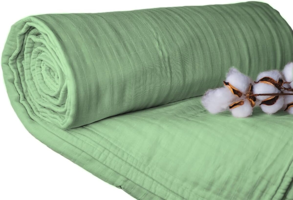 Sleep and Beyond Organic Cotton Muslin Blanket in sage green