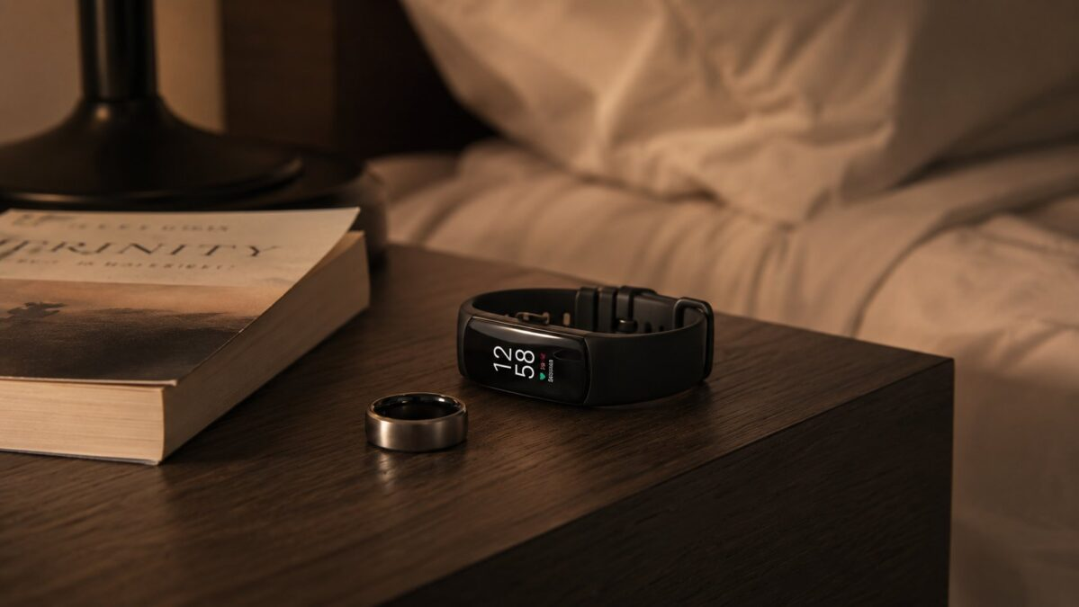 Smart ring and fitness tracker watch on a wooden nightstand next to a small lamp and book