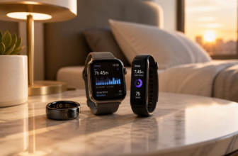 Smart ring smartwatch and fitness band on marble bedside table at sunrise with warm lamp glow