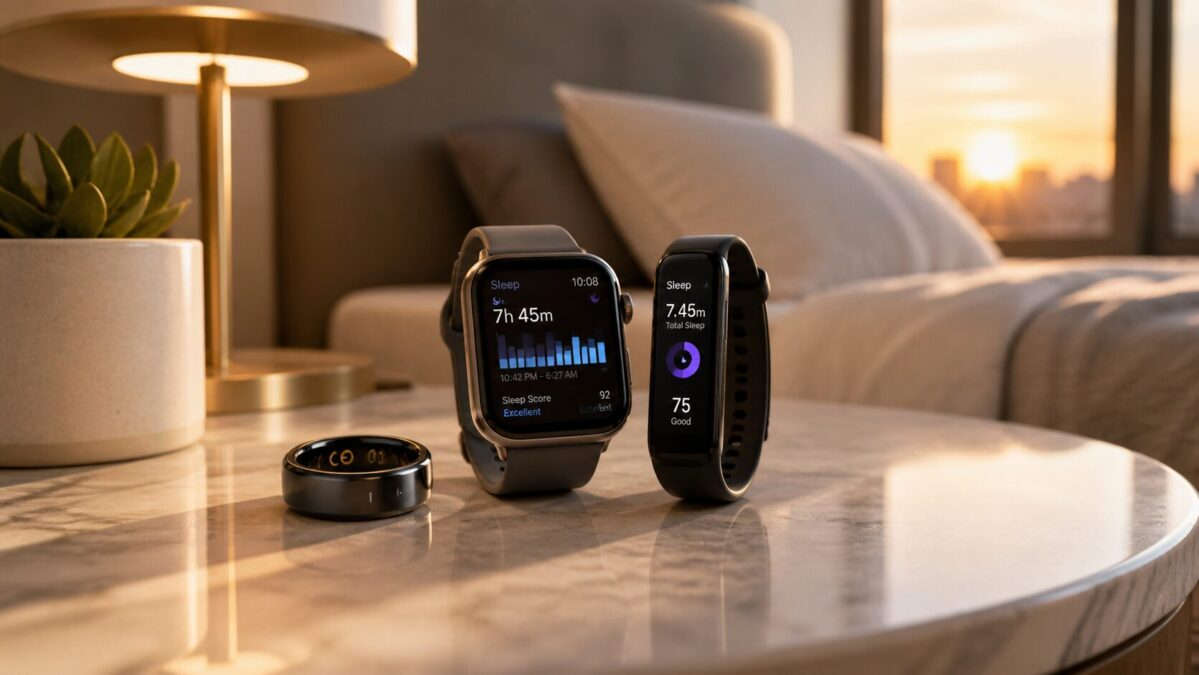 Smart ring smartwatch and fitness band on marble bedside table at sunrise with warm lamp glow