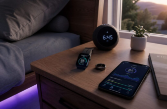 Nightstand at dawn with Oura ring, smartwatch showing sleep score, phone with sleep app, soft purple ambient lighting