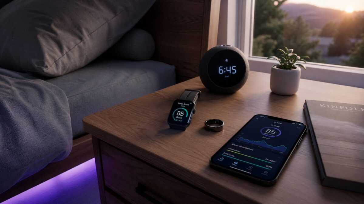 Nightstand at dawn with Oura ring, smartwatch showing sleep score, phone with sleep app, soft purple ambient lighting