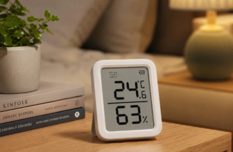 SwitchBot Meter Plus temperature humidity monitor on bedroom nightstand
